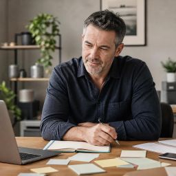 Australian small business owner planning a practical AI automation starting point at a laptop