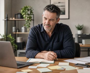 Australian small business owner planning a practical AI automation starting point at a laptop
