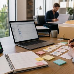 Service business team mapping workflow stages with sticky notes before choosing automation tools